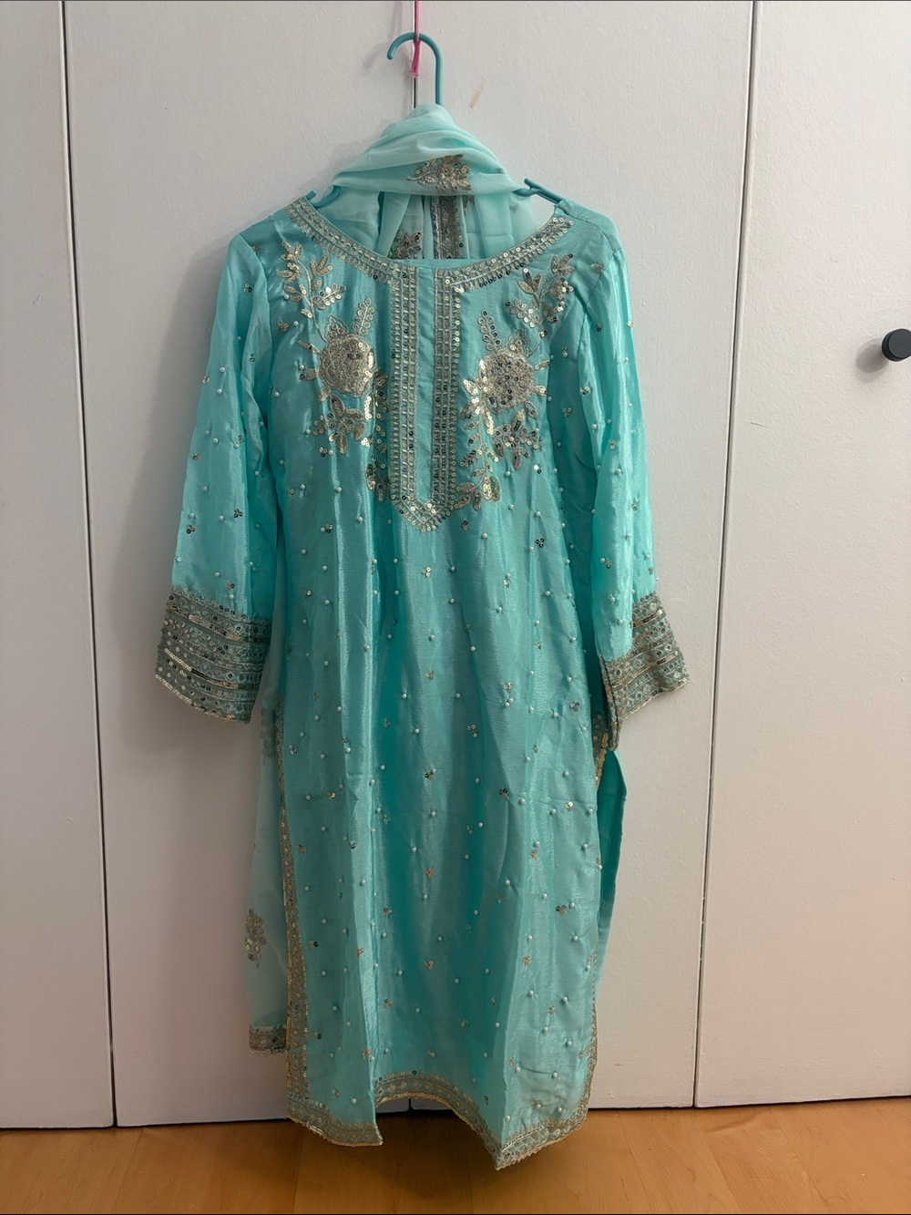 3 Piece Set Turquoise Embroidered Formal attire with Matching Dupatta
